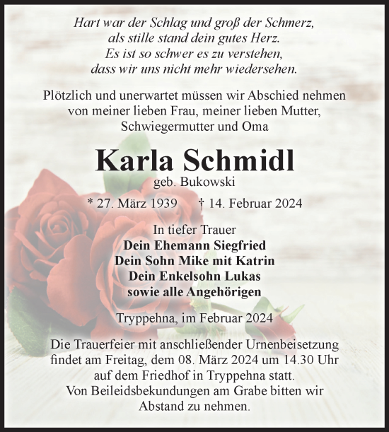Traueranzeige von Karla Schmidt von Volksstimme Burg/Genthin