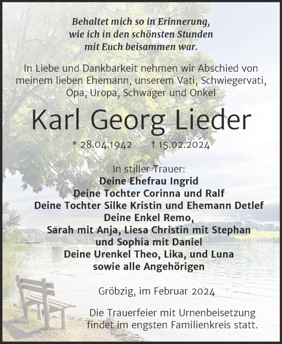 Traueranzeige von Karl Georg Lieder von Trauerkombi Köthen
