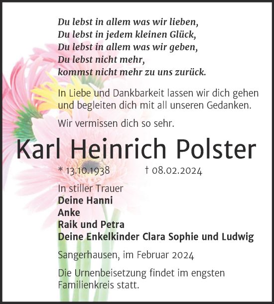 Traueranzeige von Karl Heinrich Polster von Trauerkombi Sangerhausen
