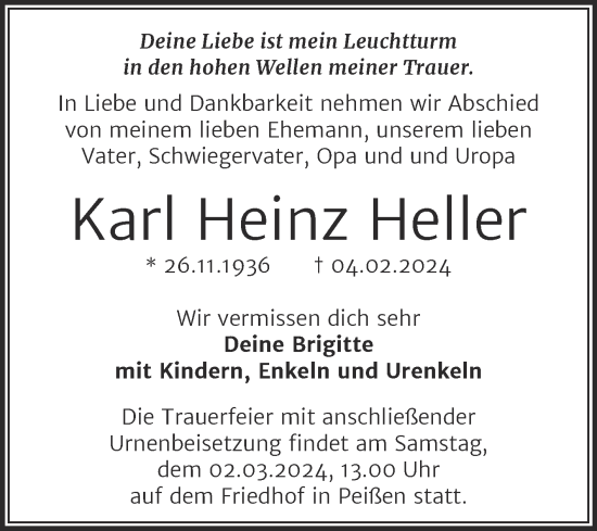 Traueranzeige von Karl Heinz Heller von Mitteldeutsche Zeitung Halle/Saalkreis