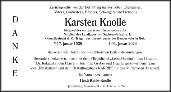 Traueranzeige von Karsten Knolle von Trauerkombi Quedlinburg