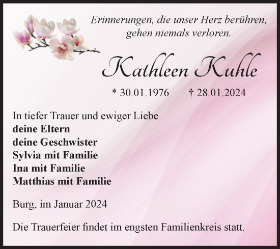 Traueranzeige von Kathleen Kuhle von Volksstimme Burg/Genthin