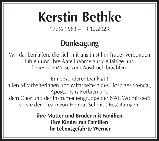 Traueranzeige von Kerstin Bethke von Volksstimme Altmark Ost