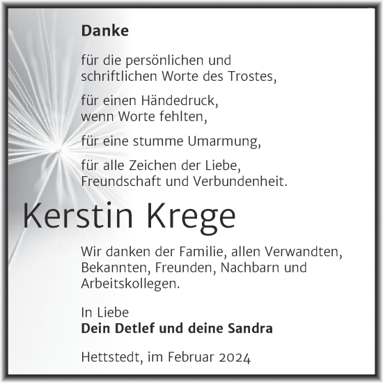 Traueranzeige von Kerstin Krege von Trauerkombi Mansfelder Land