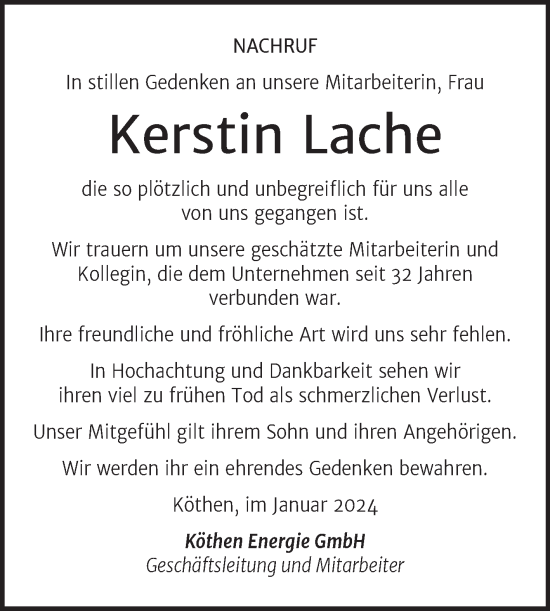 Traueranzeige von Kerstin Lache von Mitteldeutsche Zeitung Köthen
