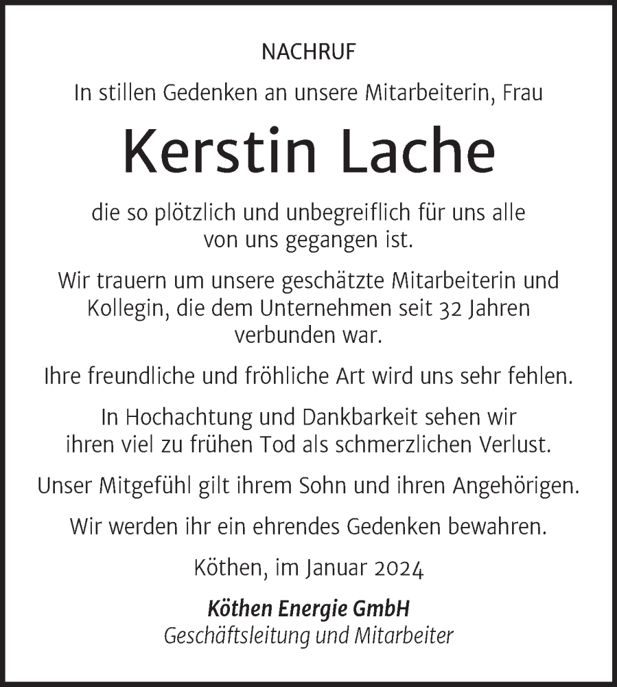  Traueranzeige für Kerstin Lache vom 03.02.2024 aus Mitteldeutsche Zeitung Köthen