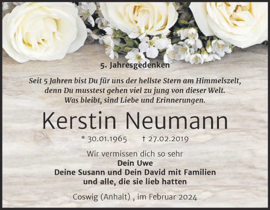 Traueranzeige von Kerstin Neumann von Trauerkombi Wittenberg