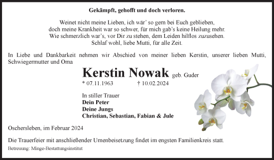 Traueranzeige von Kerstin Nowak von Volksstimme Oschersleben/Wanzleben