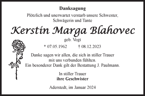 Traueranzeige von Kerstin Marga Blahovec von Volksstimme Halberstadt