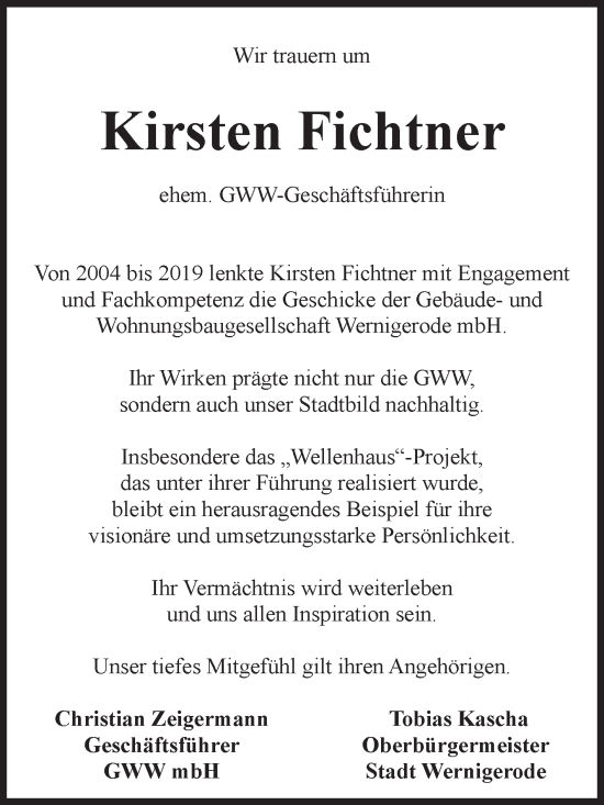Traueranzeige von Kirsten Fichtner von Volksstimme Wernigerode