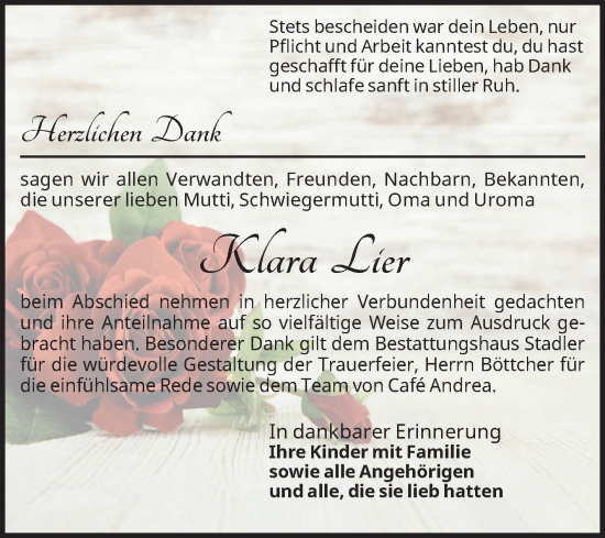 Traueranzeige von Klara Lier von Volksstimme Altmark West