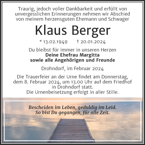 Traueranzeige von Klaus Berger von Trauerkombi Aschersleben
