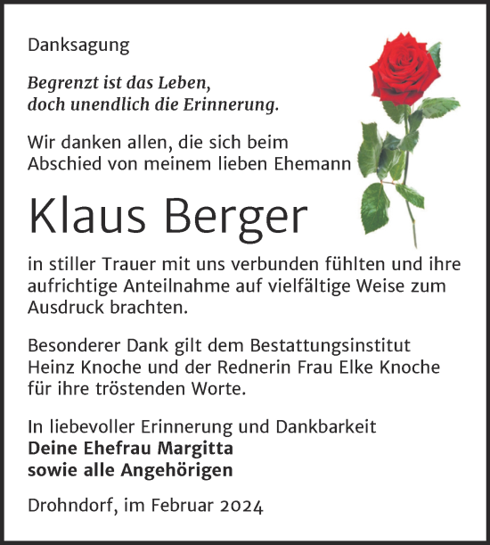 Traueranzeige von Klaus Berger von Trauerkombi Aschersleben