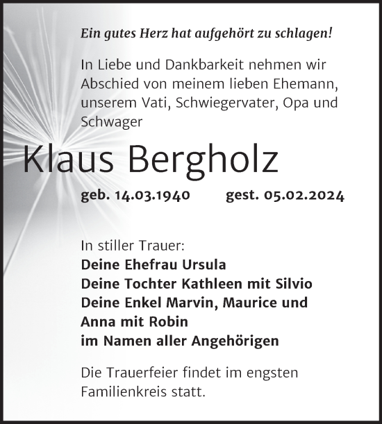 Traueranzeige von Klaus Bergholz von Trauerkombi Dessau