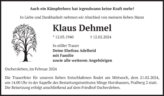 Traueranzeige von Klaus Dehmel von Volksstimme Oschersleben/Wanzleben