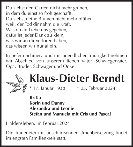 Traueranzeige von Klaus-Dieter Berndt von Volksstimme Haldensleben/Wolmirstedt