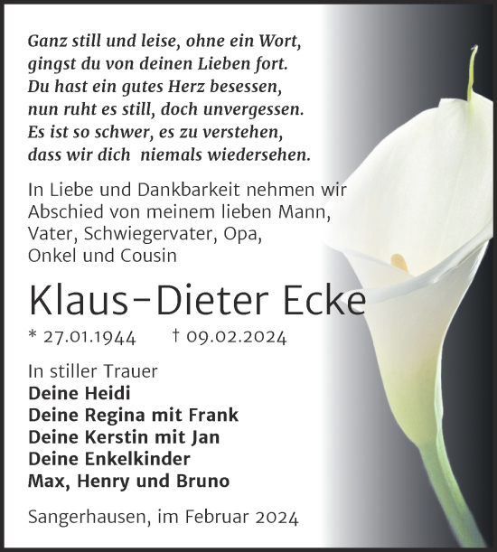 Traueranzeige von Klaus-Dieter Ecke von Trauerkombi Sangerhausen