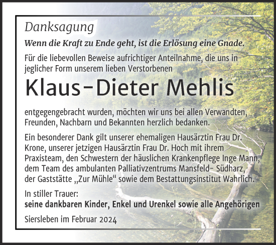 Traueranzeige von Klaus-Dieter Mehlis von Trauerkombi Mansfelder Land