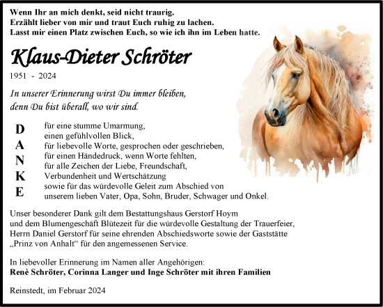 Traueranzeige von Klaus-Dieter Schröter von Trauerkombi Quedlinburg