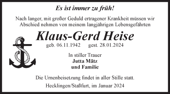 Traueranzeige von Klaus-Gerd Heise von Volksstimme Staßfurt