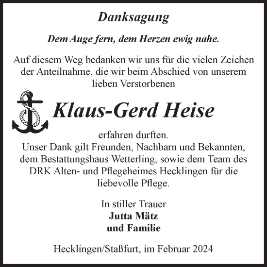 Traueranzeige von Klaus-Gerd Heise von Volksstimme Staßfurt