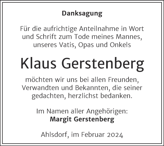 Traueranzeige von Klaus Gerstenberg von Trauerkombi Mansfelder Land