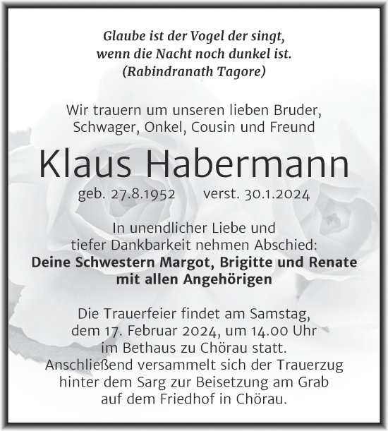 Traueranzeige von Klaus Habermann von Trauerkombi Köthen