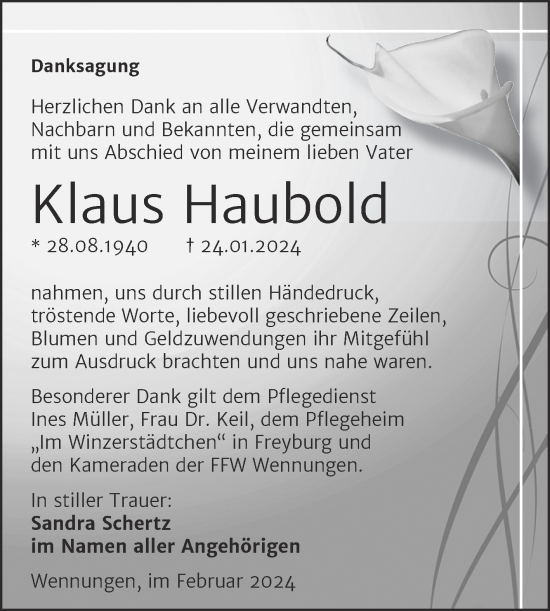 Traueranzeige von Klaus Haubold von Naumburger Tageblatt