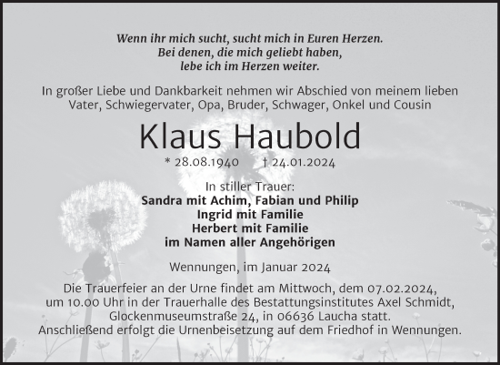 Traueranzeige von Klaus Haubold von Naumburger Tageblatt