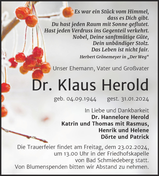 Traueranzeige von Klaus Herold von Trauerkombi Wittenberg