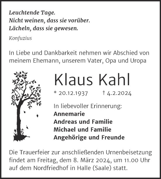 Traueranzeige von Klaus Kahl von Mitteldeutsche Zeitung Halle/Saalkreis