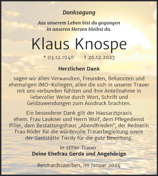 Traueranzeige von Klaus Knospe von Trauerkombi Merseburg