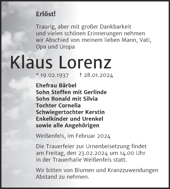 Traueranzeige von Klaus Lorenz von Trauerkombi Weißenfels