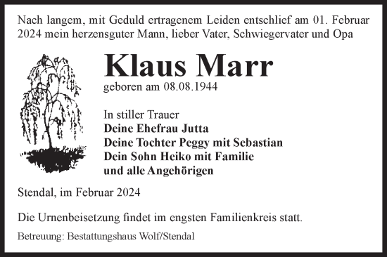 Traueranzeige von Klaus Marr von Volksstimme Altmark Ost