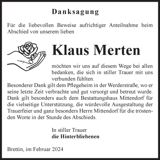 Traueranzeige von Klaus Merten von Volksstimme Burg/Genthin