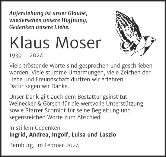 Traueranzeige von Klaus Moser von Trauerkombi Bernburg