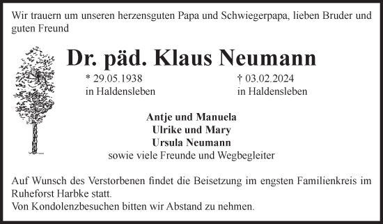 Traueranzeige von Klaus Neuman von Volksstimme Haldensleben/Wolmirstedt