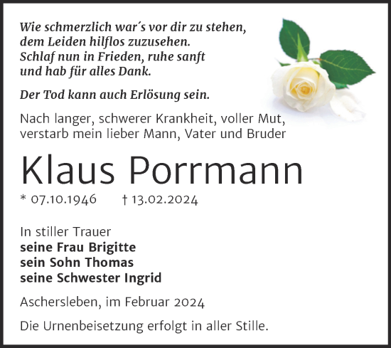 Traueranzeige von Klaus Porrmann von Mitteldeutsche Zeitung Aschersleben