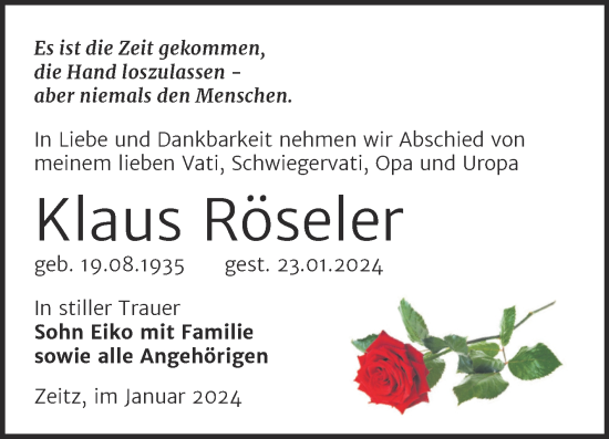 Traueranzeige von Klaus Röseler von Trauerkombi Zeitz