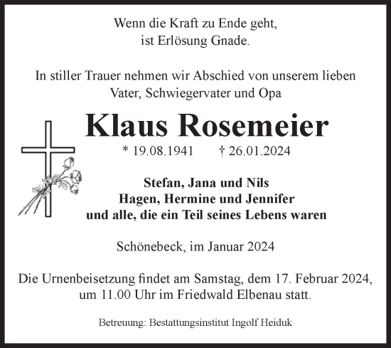 Traueranzeige von Klaus Rosemeier von Volksstimme Schönebeck