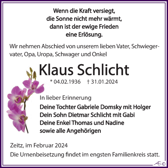 Traueranzeige von Klaus Schlicht von Trauerkombi Zeitz