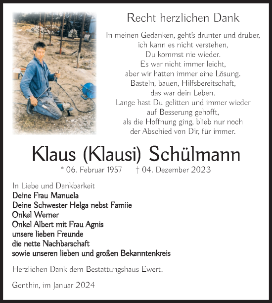 Traueranzeige von Klaus Schülmann von Volksstimme Burg/Genthin
