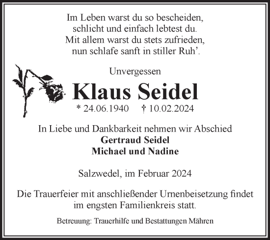 Traueranzeige von Klaus Seidel von Volksstimme Altmark West