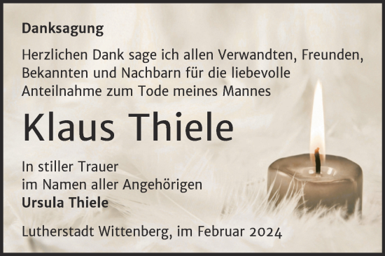 Traueranzeige von Klaus Thiele von Trauerkombi Wittenberg