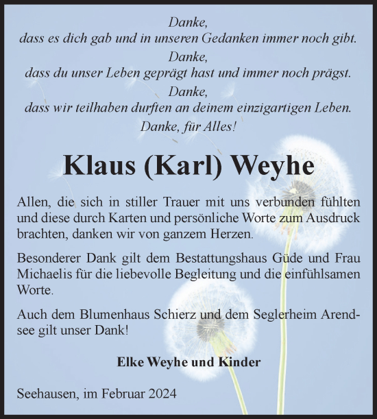 Traueranzeige von Klaus Weyhe von Volksstimme Altmark Ost