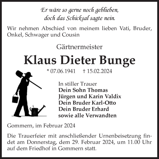 Traueranzeige von Klaus Dieter Bunge von Volksstimme Burg/Genthin