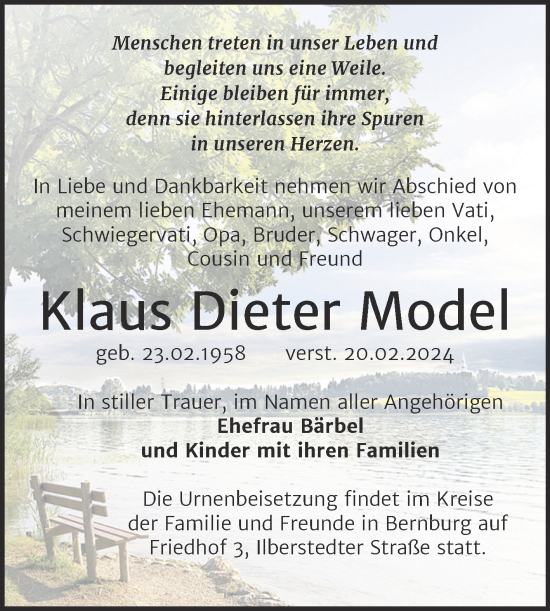 Traueranzeige von Klaus Dieter Model von Trauerkombi Bernburg