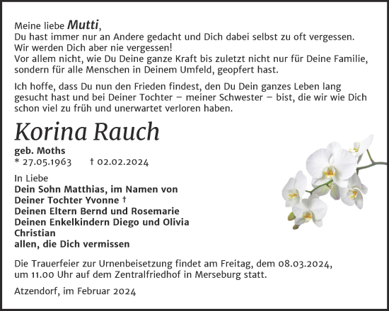 Traueranzeige von Korina Rauch von Trauerkombi Merseburg