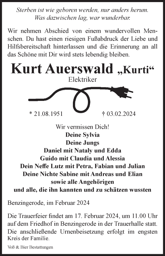 Traueranzeige von Kurt Auerswald von Volksstimme Wernigerode