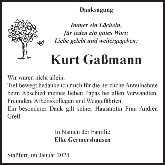Traueranzeige von Kurt Gaßmann von Volksstimme Staßfurt